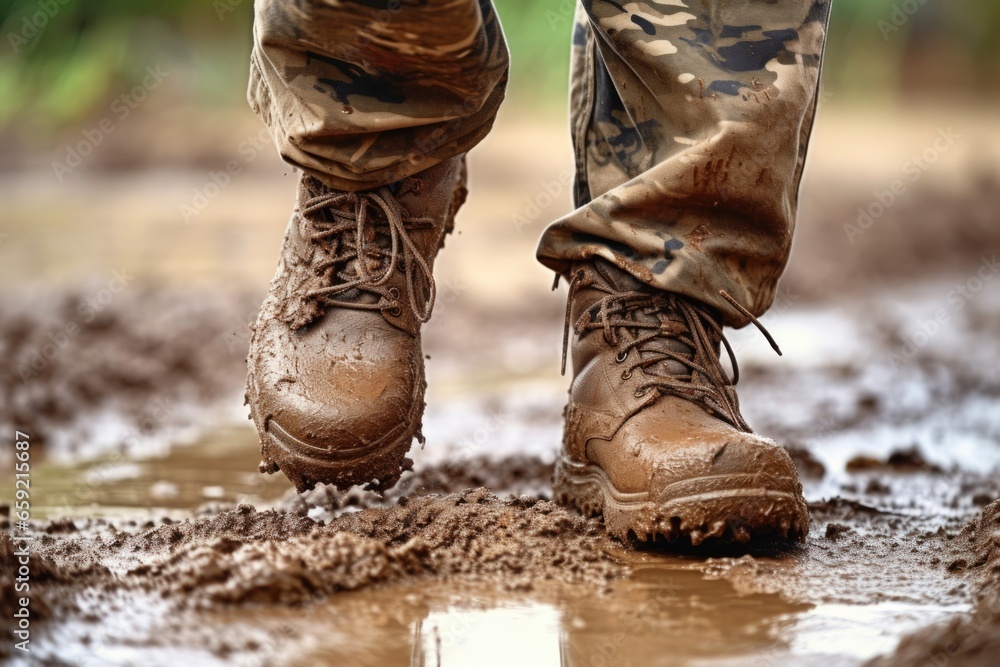 Closeup of military boots, caked in mud and dust, evidence of the tough terrain they have conquered. Closeup of military boots, caked in mud and dust, evidence of the tough terrain they have conquered.