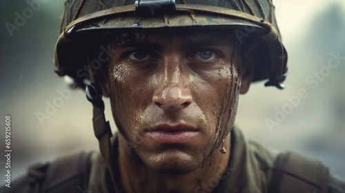 A soldiers determined expression fills the frame in this closeup, showcasing the steely resolve and determination required to survive in war.