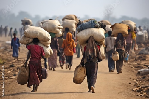 Closeup of a group of refugees fleeing their homes, their belongings sped to their backs.
