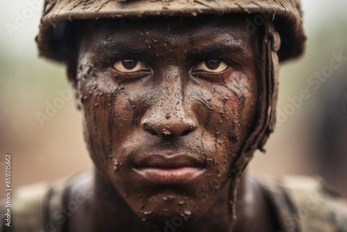 Closeup of a soldiers face, covered in sweat and dirt from intense training exercises.