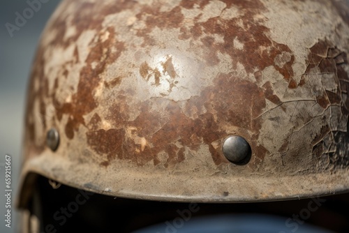 Closeup of a soldiers helmet, showing scratches and dents from previous battles.