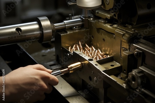 Detailed view of a bullet being loaded into the chamber of a machine gun.