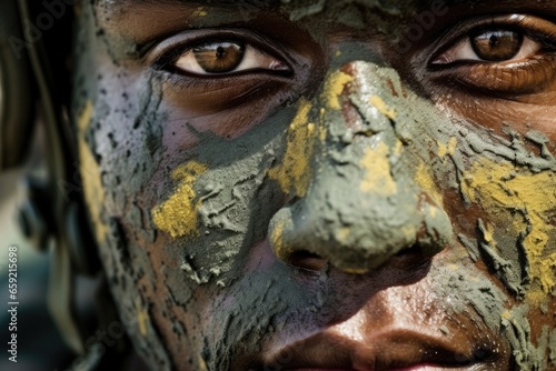 A soldiers face covered in camouflage paint  closeup on the intensity and readiness for combat.