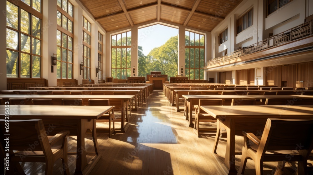 University lecture hall with rows of wooden desks. Generative AI