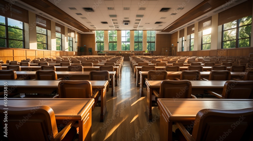 University lecture hall with rows of wooden desks. Generative AI