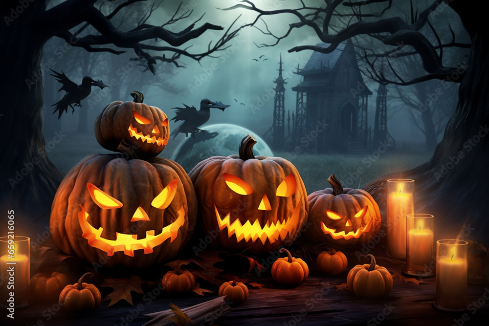 Halloween pumpkin head jack lantern with burning candles, Spooky Forest with a full moon and wooden table, Pumpkins In Graveyard In The Spooky Night - Halloween Backdrop Halloween pumpkin head jack lantern with burning candles, Spooky Forest with a full moon and wooden table, Pumpkins In Graveyard In The Spooky Night - Halloween Backdrop