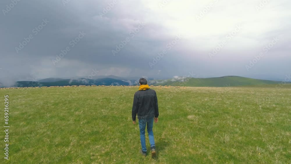 Beautiful Ukrainian young man traveler walks along the beautiful mountains in Romania. Man goes to the sheep Beautiful Ukrainian young man traveler walks along the beautiful mountains in Romania. Man goes to the sheep
