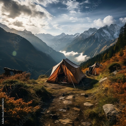 Camping tent in swiss alps mountain mountain hike