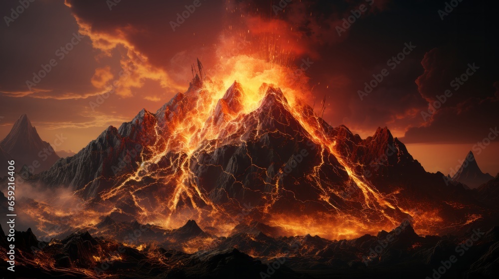 Volcano erupting with molten lava a display of natural. Generative AI