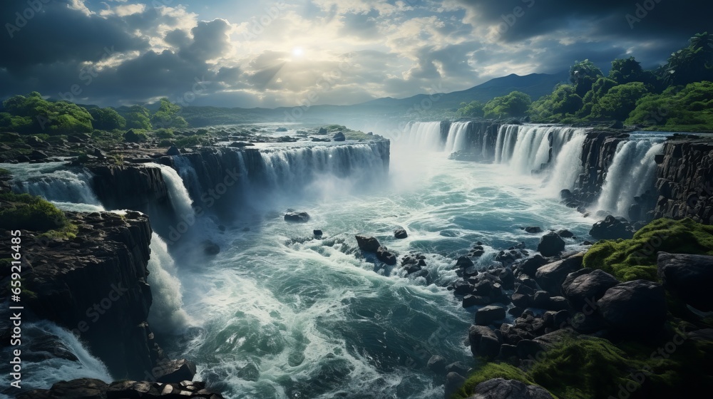 Waterfall surrounded by clouds. Generative AI