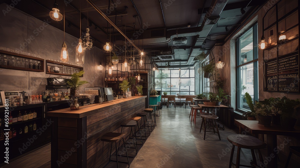 The interior of a modern restaurant in industrial style