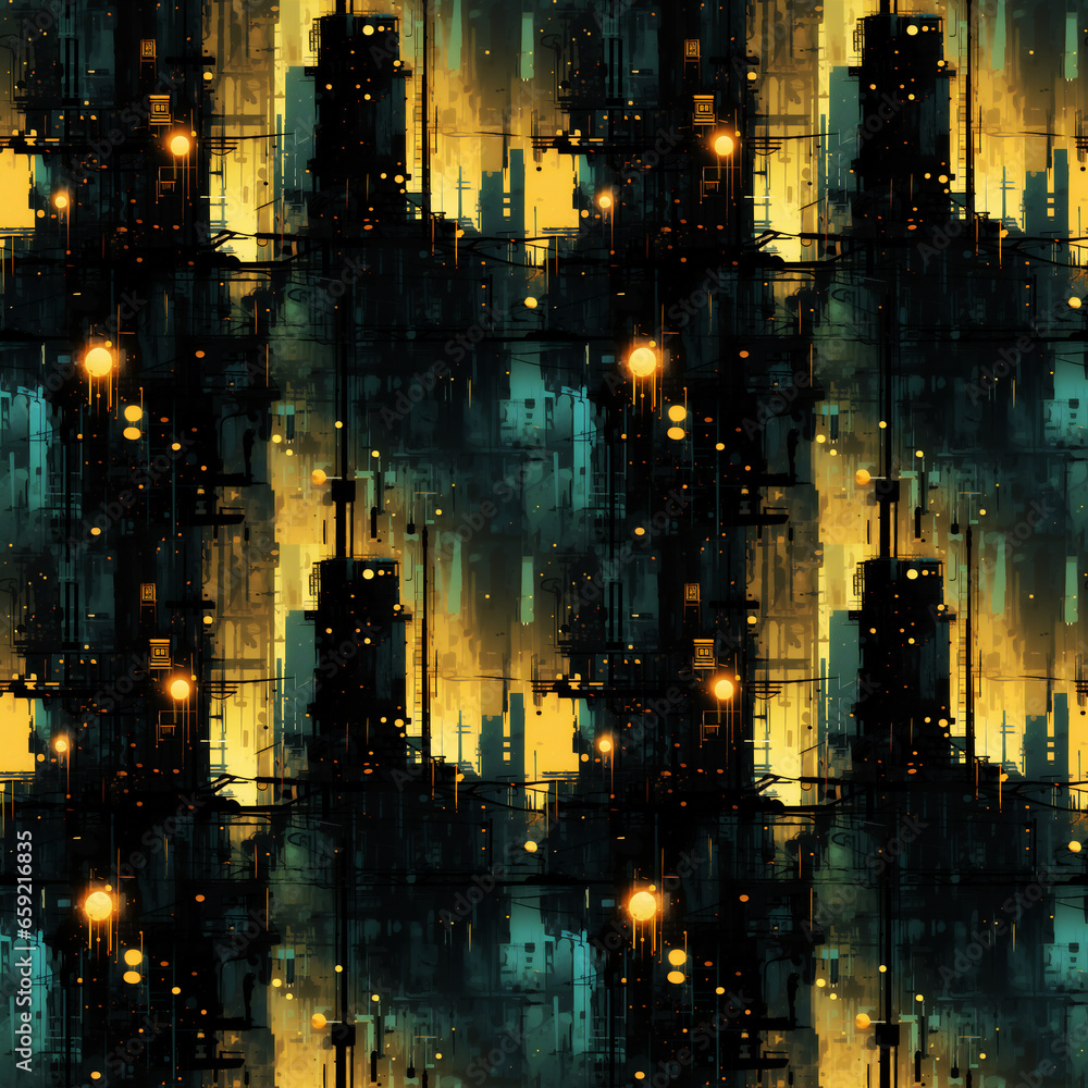 Cyberpunk Grunge City Background with Urban Decay. Seamless Repeatable Background.