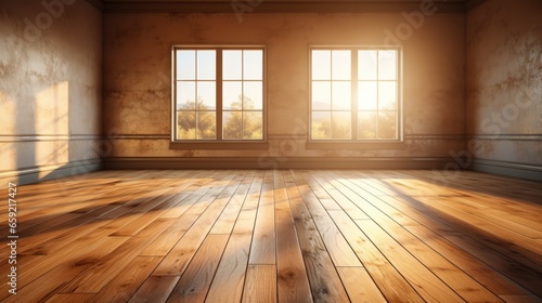 Wooden empty room of a house or ranch with sun rays. Generative AI