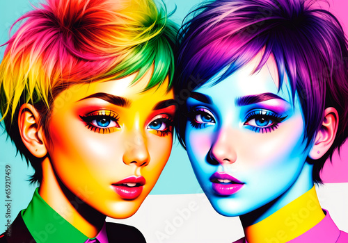 Two beautiful young women with bright make-up.