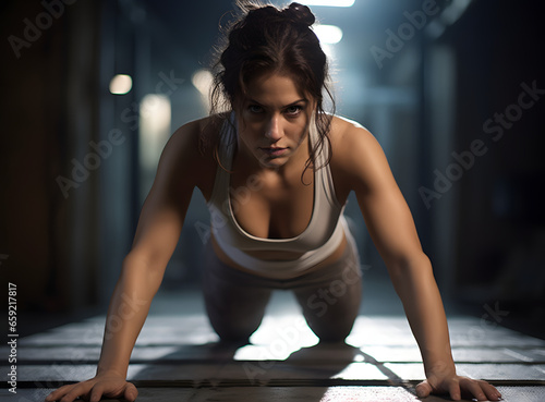 Young woman in sportswear doing push ups on exercise mat.