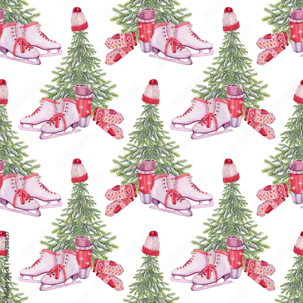 Seamless pattern with watercolor winter Christmas tree with red hat and mittens and skates on white background. Art with fir or pine for celebration New Year invite or wrapping and wallpaper