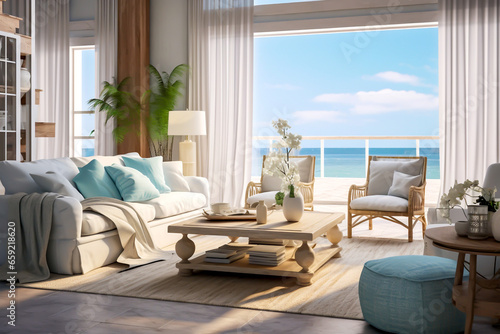 Mediterranean beach front villa interior living area white upholstered sofa with blue cushions large shelved coffee table Wicker side chairs woven rug on tiled floor balcony beach and ocean view © RCH Photographic
