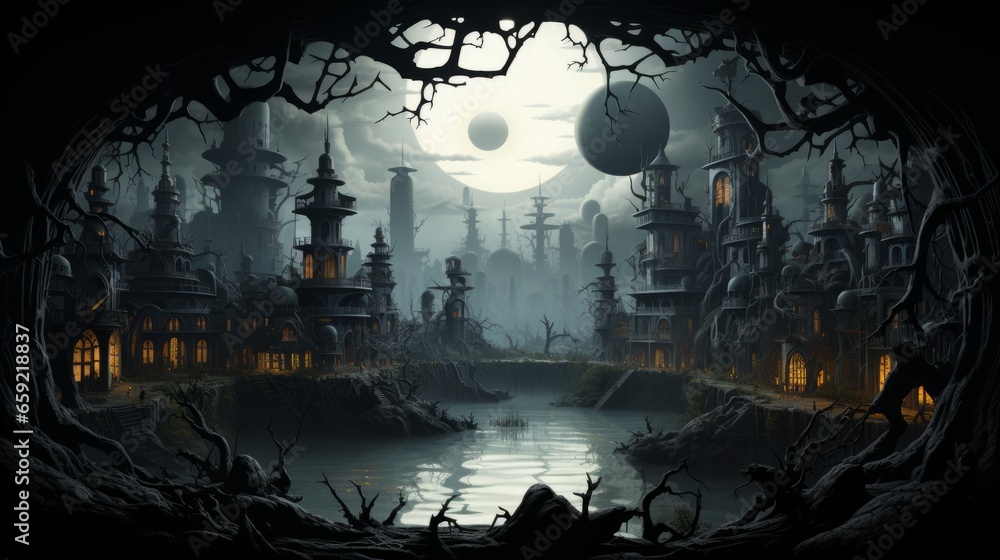 A creepy gothic castle in a foreboding landscape. Generative AI. A creepy gothic castle in a foreboding landscape. Generative AI.