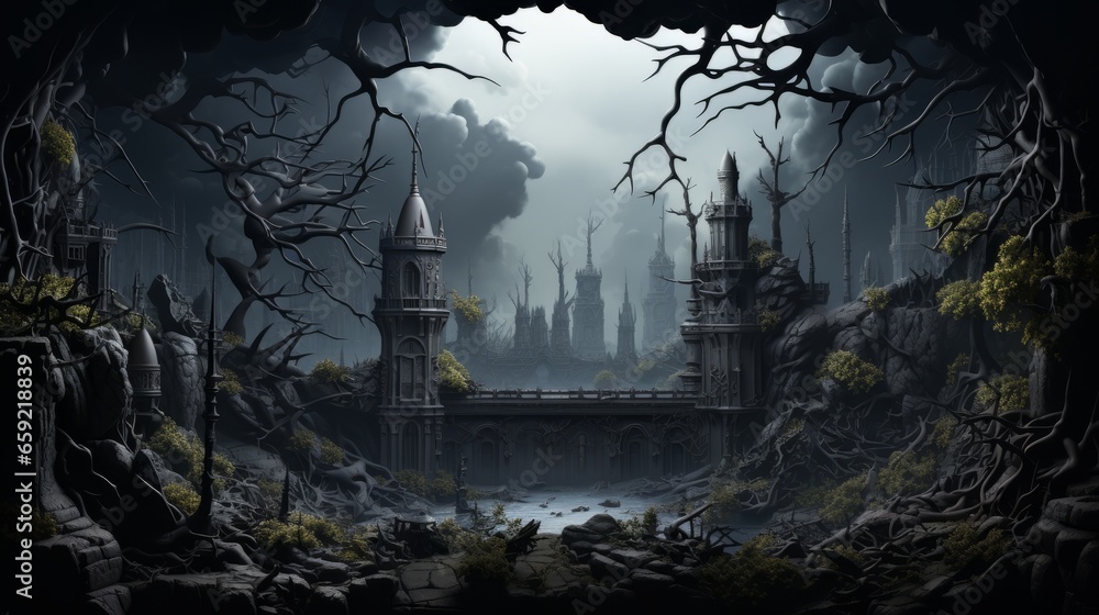 A creepy gothic castle in a foreboding landscape. Generative AI.  - obrazy, fototapety, plakaty 