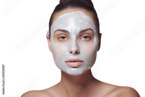 women with a facial beauty mask on her face, soft light, on a white background PNG