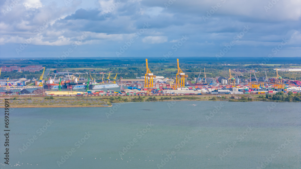 Aerial Panorama view of Port of Klaipeda, Lithuania. One of the few ice-free ports in northernmost Europe.