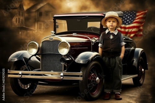 Retro American 1920 child boy. Old american car. Generate AI © juliars