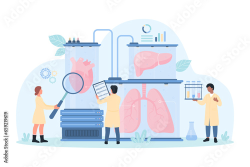 Bioartificial human organ for transplantation vector illustration. Cartoon tiny scientists with magnifying glass study lungs, liver and heart inside medical biotech laboratory equipment of future
