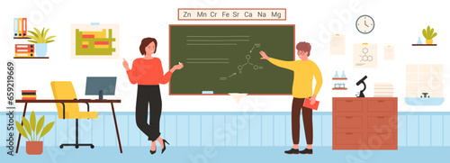 Chemistry class with teacher and student at school or university board vector illustration. Cartoon child training in modern classroom interior, studying and showing chemical formulas on chalkboard