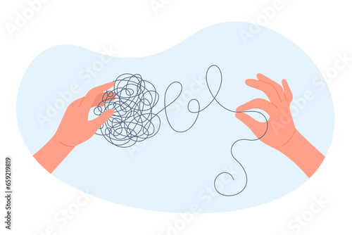 Untangle knot of problems and mental disorder vector illustration. Cartoon two hands hold tangled scribble ball to pull and unravel string, bring order to chaos and puzzle mess, smart solution