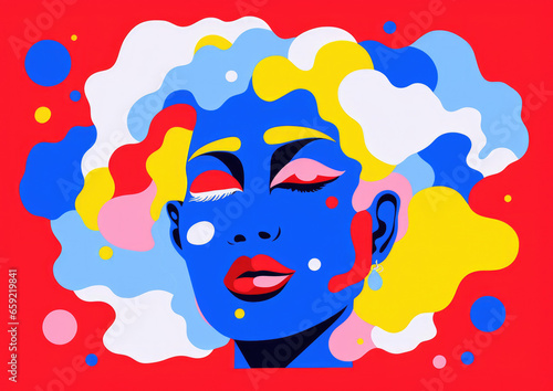 Flat style 2d gouache illustration in trendy colours — female face with flat detail and soft curves — red, blue, yellow — indie style artwork on canvas 
