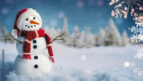 Merry christmas and happy new year greeting card with copy-space.Happy snowman standing in christmas landscape.Snow background.Winter fairytale. © Irene