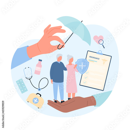 Health insurance plan for senior citizens vector illustration. Cartoon hands of doctors protect and care old couple of patients with umbrella and safety shield, insurance medicare policy on clipboard
