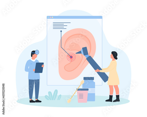 Health of ear, audiology, otolaryngology vector illustration. Cartoon tiny otolaryngologists check human ear with otoscope equipment on medical examination, audiologists test for hearing problem
