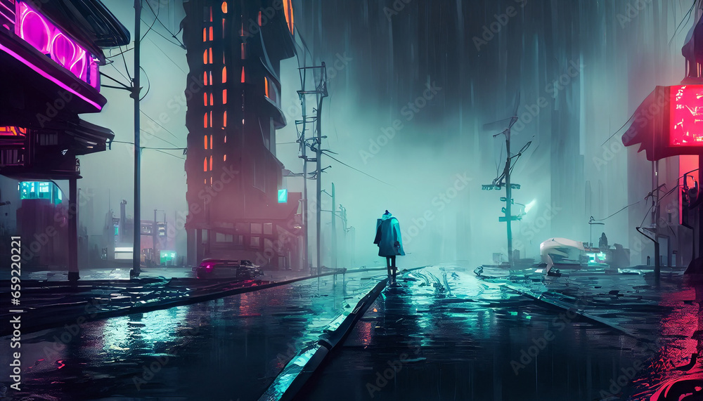 Cyberpunk streets illustration, futuristic city, dystoptic artwork at night, k wallpaper. Rain foggy, moody empty future