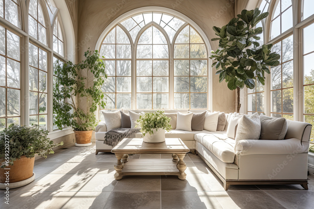 Fototapeta premium Luxury Mediterranean sunroom. Generative AI