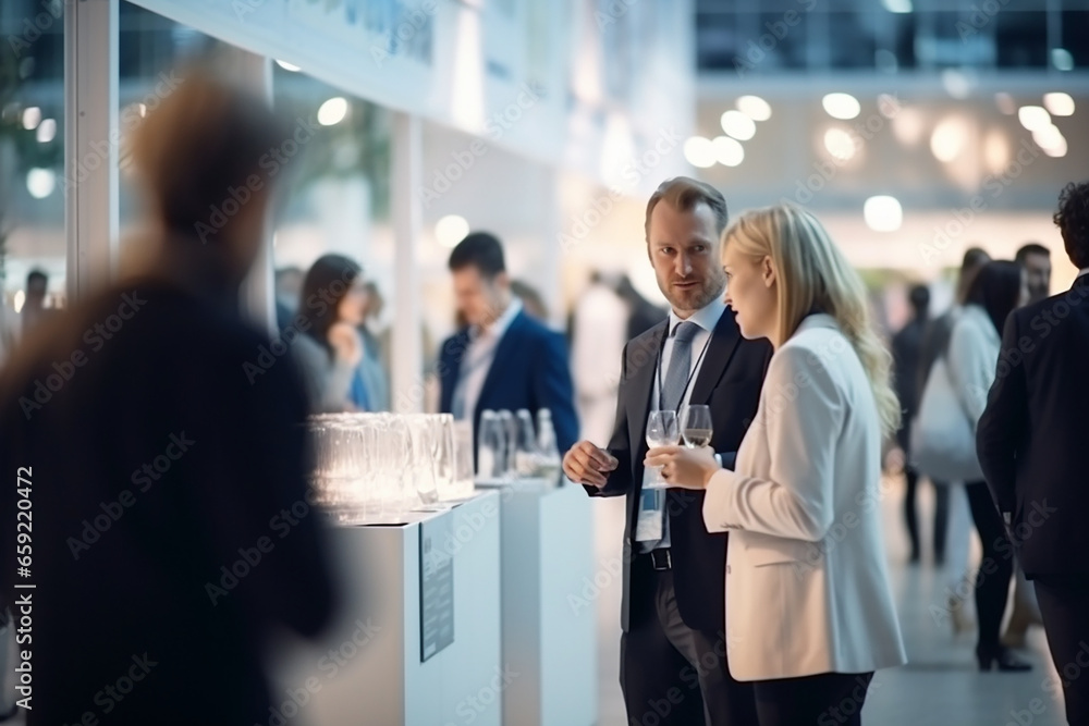 people talking an exhibition event near the stand people talking an exhibition event near the stand