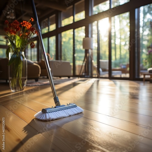 Cleaning a wood floor with a broom