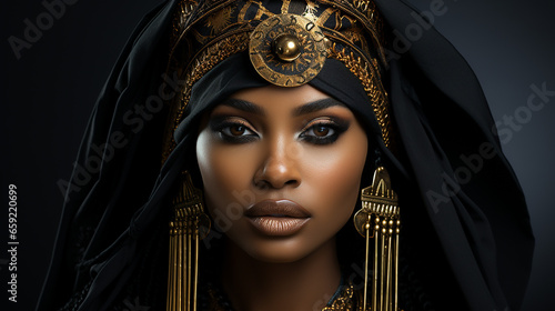 Porträt einer schönen afrikanischen Frau mit Turban.
Portrait of a beautiful african woman in a turban.
 photo