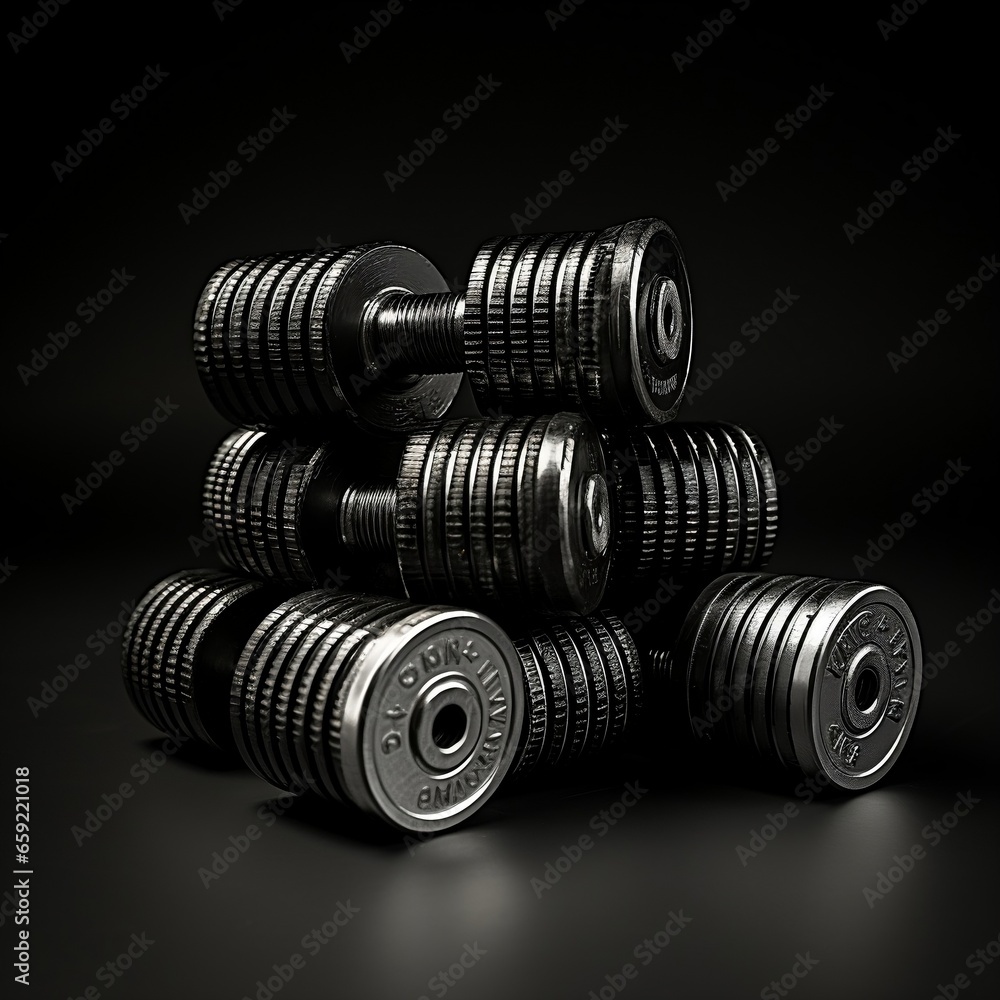 Close-up black and white photo of a set of dumbbells Close-up black and white photo of a set of dumbbells