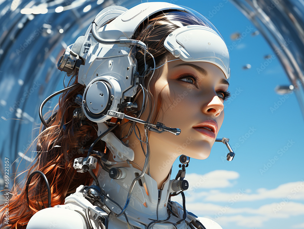 Futuristic robot girl in a spacesuit against a chrome stand Futuristic robot girl in a spacesuit against a chrome stand