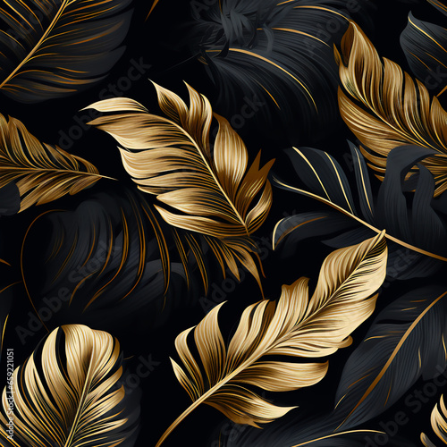 Seamless pattern with tropical leaves on a dark background. Tropical for wallpaper and fabrics.