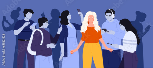 Smartphone news addiction vector illustration. Cartoon happy woman standing among crowd of many sad addicted people with anxiety and overload of bad news, unhappy characters surfing social media