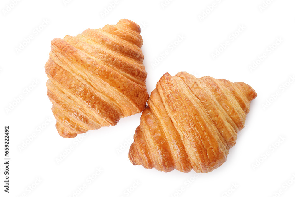 Delicious croissants isolated on white, top view. Fresh pastries Delicious croissants isolated on white, top view. Fresh pastries