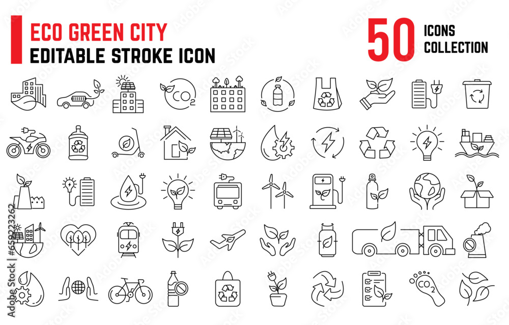 Set of 50 Eco Green City, contains such icons as Environmental, renewable energy, Zero Waste, Bio filter, Sustainable development, autonomous building, air and water quality. Editable stroke icon Set of 50 Eco Green City, contains such icons as Environmental, renewable energy, Zero Waste, Bio filter, Sustainable development, autonomous building, air and water quality. Editable stroke icon