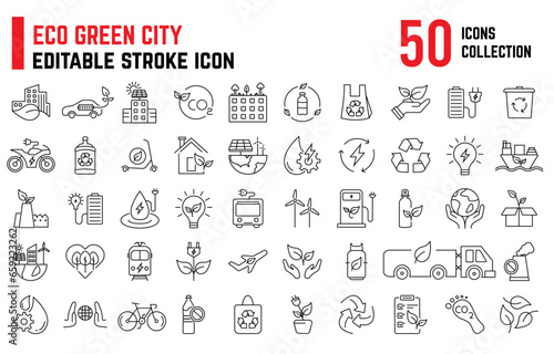 Set of 50 Eco Green City, contains such icons as Environmental, renewable energy, Zero Waste, Bio filter, Sustainable development, autonomous building, air and water quality. Editable stroke icon