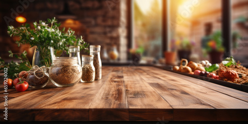 Empty beautiful wood table top and blur modern kitchen interior background.