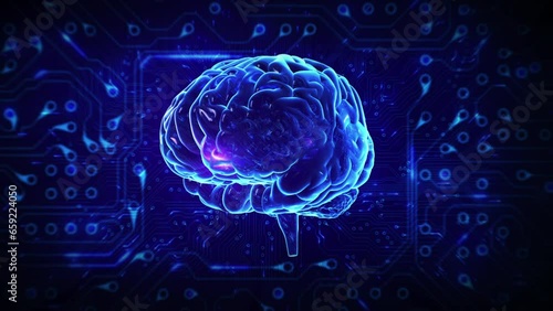 

Futuristic Technology Animation Travel Inside a Beautiful Blue Female Eye Blinking. Black Pupil Opening. Journey Inside Eye to a Bright Rotating  Brain with Circuit Board Network Background.