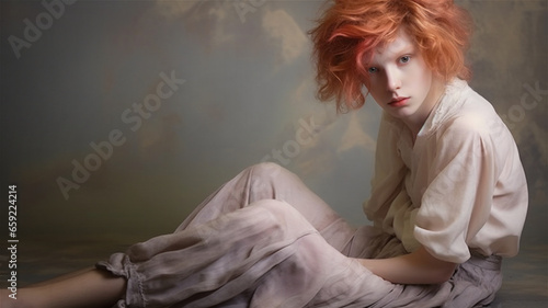 Portrait of a young androgynous model with red hair and pale skin sitting on a studio floor. photo
