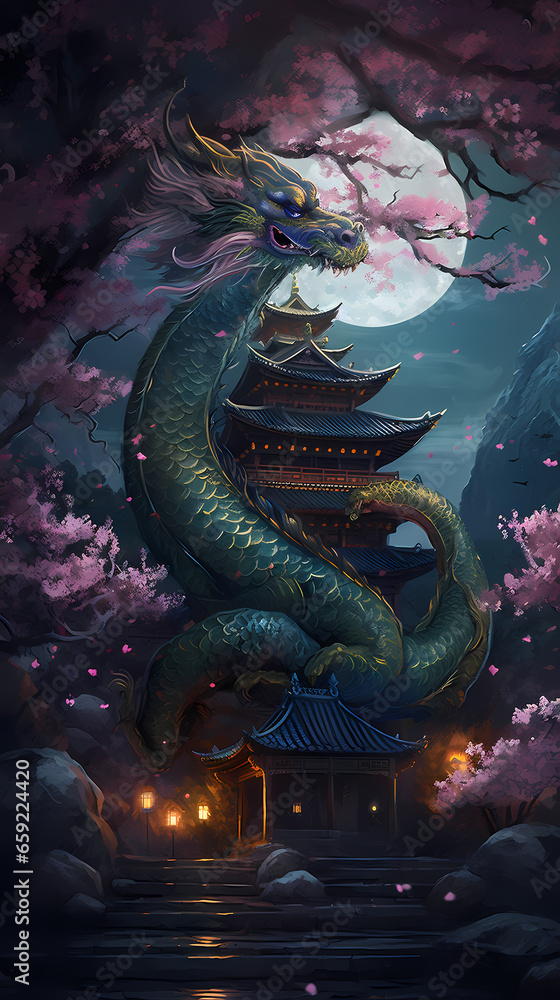 Fototapeta premium Generative AI, Temple Tales: The Dragon's Serene Watch over Ancient Grounds