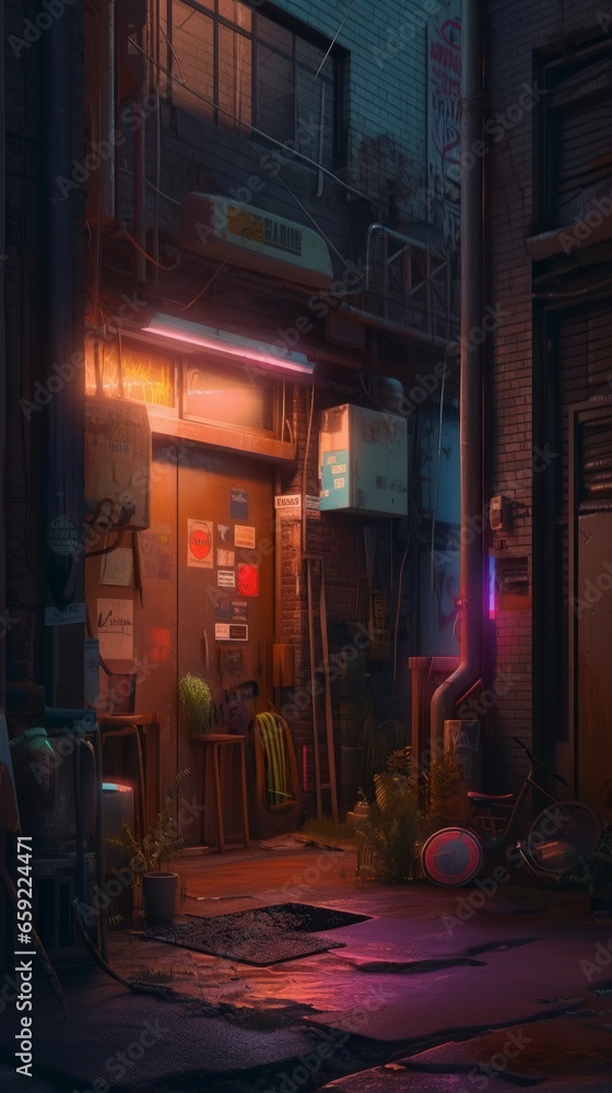 Naklejka premium A cyberpunk city alley with glowing neon lights. Generative AI. 